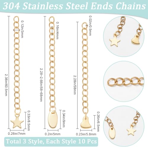 Beebeecraft 1 Box 30Pcs Gold Extender Chains 304 Stainless Steel Chain Extension with Heart Star Oval Charms Bracelet End Curb Chain Extenders for Jewelry Making Bracelets Supplies DIY Craft (58~68mm) - color: Gold-mix Flat