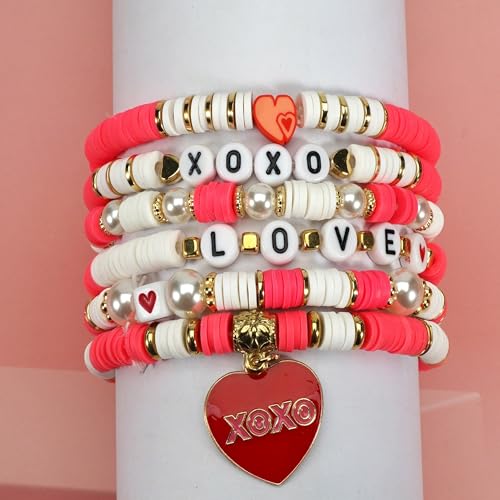 6PCS Valentine’s Day Clay Heishi Bracelet Set for Women- Red Pink Heart Love KISS XOXO Beaded Stretch Bracelets - Handmade Polymer Clay Crystal Glass Stackable Jewelry Gift for Galentine's Anniversary - color: LOVE-06