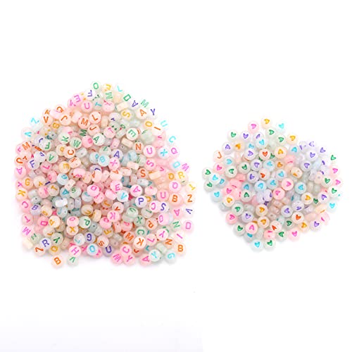 ToBeIT 1000pcs Letter Beads Alphabet Letter Bead Glow in The Dark Acrylic Bead Round 4X7mm UV Letters Beads Jewelry Findings Charms for DIY Bracelet Necklace Craft Making (Glow-Heart) - color: glow-heart
