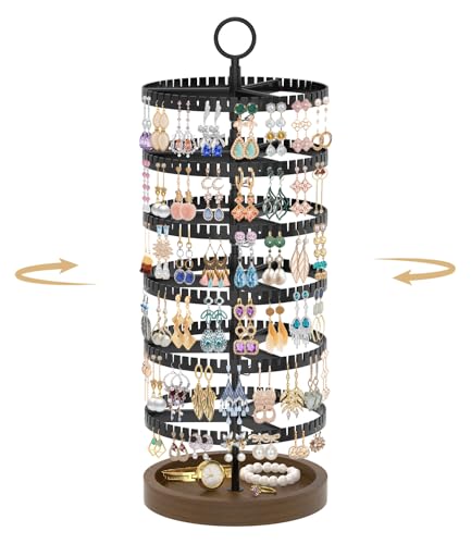 MODOWEY 6 Tier Rotating Earring Holder Organizer Display Tree with Wooden Tray, Adjustable Plastic Stand with 342 Slots for Stud Hoop Hanger, Large Capacity Storage Rack for Women Space Saving, Black - color: Classic Black Brown