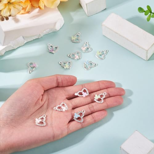 FASHEWELRY 16Pcs Alloy Rhinestone Pendants Heart with Butterfly Enamel Charms Crystal Hollow Heart Rhinestone Dangle Pendants Silver for DIY Earring Necklace Jewelry Making - color: Heart with Butterfly-Silver