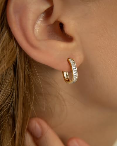 Me&Hz Gold Huggie Earrings Small Huggie Hoop Earrings for Women 14K Gold Plated Hypoallergenic Cubic Zirconia Huggies Mini Silver Hoop Earring for Women - color: Square - CZ, Gold