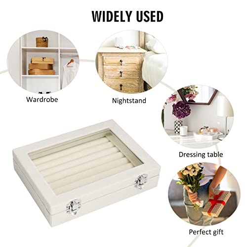 Vicoter Rings Organizer Tray 7 Slots Velvet Jewelry Earring Storage Box with Transparent lid Jewelry Display Case for Girls Wife Mom Women (Beige) - color: Beige