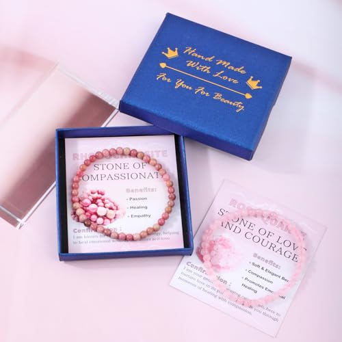 NCB 2.3-Piece 4mm Natural Crystal Gemstone Stretch Bracelets – Handmade Reiki Energy Healing Jewelry for Meditation,Yoga, Unisex - color: 2PCS ( Pink Quartz+Rhodochrosite ), size: 4mm