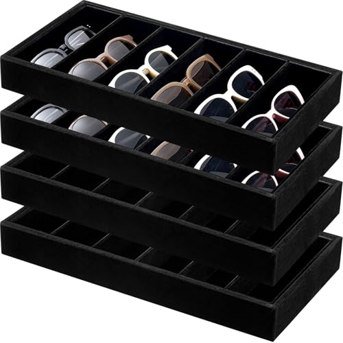 Juexica 4 Pcs Velvet Sunglasses Organizer Tray 6 Grid Sunglass Organizer Velvet Tray Stackable Glasses Display Case for Women Glasses Jewelry Display Watch (Black) - color: Black