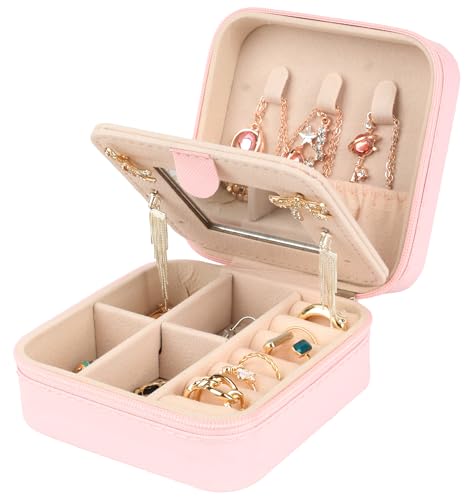 Travel jewelry case,Small Jewelry Box Organizer with Mirror, Gift for Women Girls,3.9"x3.9",Pink,1Pack - color: Pink With Mirror, size: 3.9x3.9x1.9 In