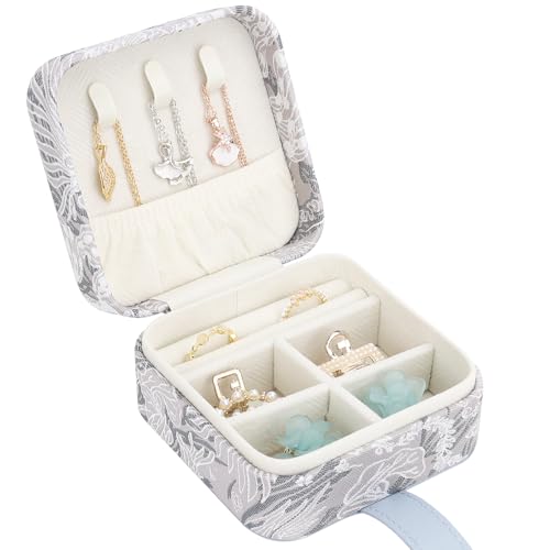 DesignSter Jewelry Box, Buckle Women's Small Travel Jewelry Box, Small Portable Jewelry Storage Box with Jacquard Embroidery for Rings Earrings Necklaces Bracelets, Blue - color: Pink
