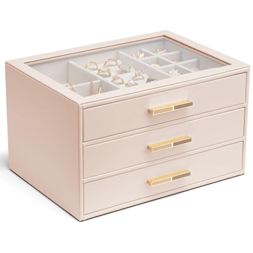 VLANDO Jewelry Box for Women, Glass Lid Jewelry Organizer with 3 Drawers for Necklaces Rings Earrings Bracelets - Nude Pink - color: E.Nude Pink, size: 3-Layer