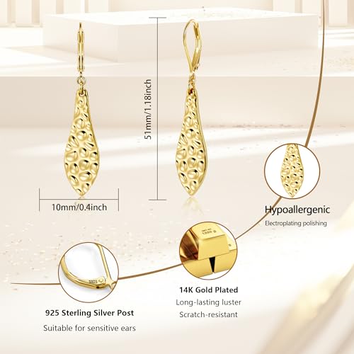 ALEXCRAFT 925 Sterling Silver Dangle Earrings for Women, 14K Gold Plated French Leverback Earrings, Hypoallergenic Lightweight Statement Hammer Square Bar Long Drop Earing for Women Trendy Jewelry - color: GoldB