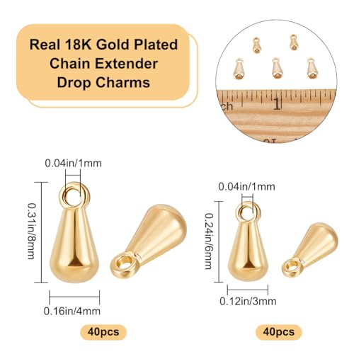 Beebeecraft 1 Box 80Pcs Teardrop Charms Dangle End Beads Extender Chain Drop Water Charms for Jewelry Making Findings - color: Gold, size: 6x3mm/8x4mm