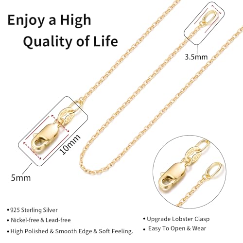 Jewlpire 18k Gold Plated 925 Sterling Silver Chain Necklace for Women, 1.1mm Cable Chains Necklace Thin & Dainty & Sturdy Women's Chain Necklaces, 14/16/17/18/20/22/24 Inches - color: 18K Gold Plated, size: 22 Inch