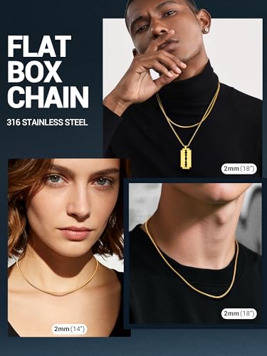 PROSTEEL Stylish Stainless Steel Flat Box Link Chain Necklace for Men, Silver/Gold/Black Tone, Hypoallergenic Jewelry, 14"-30", Come with Box - size: 14 inch(35cm), style: 2mm-Luxury Gold