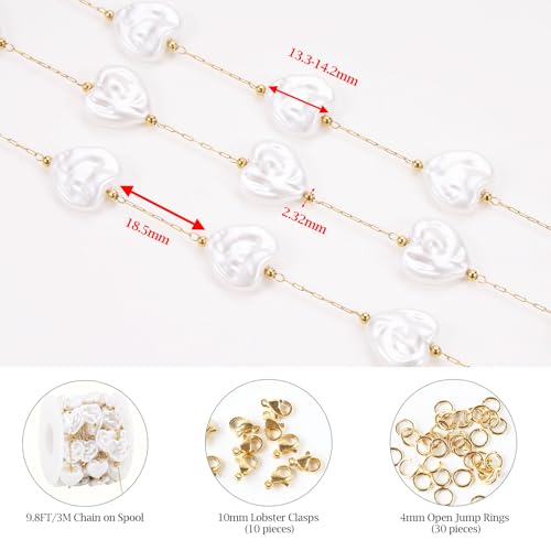 KYUNHOO 9.8FT/3M Gold Chains for Jewelry Making Stainless Steel Heart Chain Imitation Pearl Jewelry Link on Bulk for Women DIY Handcrafts - color: Heart Gold