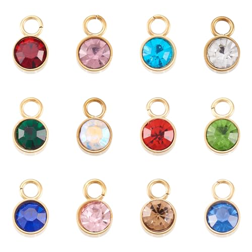 Pandahall 24pcs Crystal Birthstone Charms - Gold Plated Stainless Steel Pendants & Round Birthstone Charms for DIY Necklace Earring Bracelet Jewelry Making Crafts