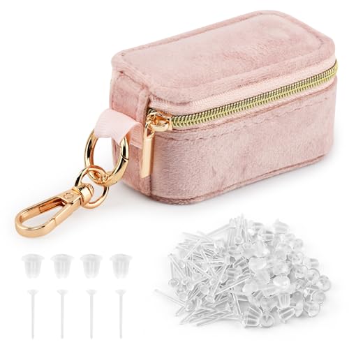 Velvet Mini Travel Jewelry Case, 2 in 1 Ring Holder Keychain + 50 Plastic Earrings, Portable Small Jewelry Organizer for Women, Travel/Gym/Wedding/Bridesmaid Gift - color: pink