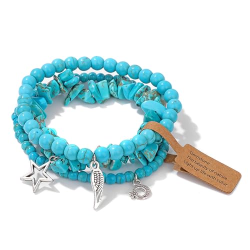 3Pcs Crystal Bracelet for Women Handmade Crystals and Healing Stones Bracelets Natural Stone Beaded Bracelets Set Star Moon Feather Boho Bracelets Birthday Gifts for Women Girls