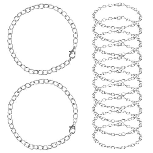 12 Pack DIY Charm Bracelet Chain Silver Chain Bracelets with Lobster Clasps Jewelry Making Bracelets Chains Metal Bracelet Link Chains Crafts Supplies for Women Men