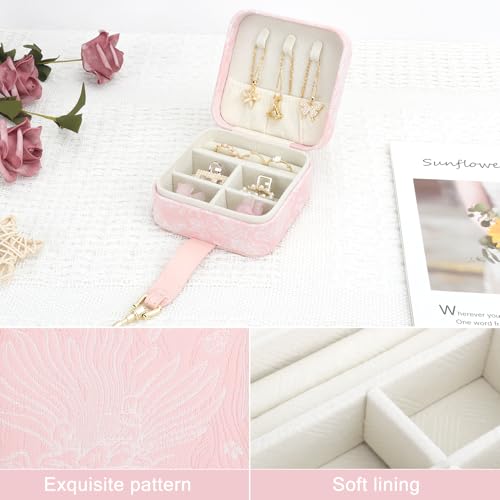 DesignSter Jewelry Box, Buckle Women's Small Travel Jewelry Box, Small Portable Jewelry Storage Box with Jacquard Embroidery for Rings Earrings Necklaces Bracelets, Pink - color: Blue