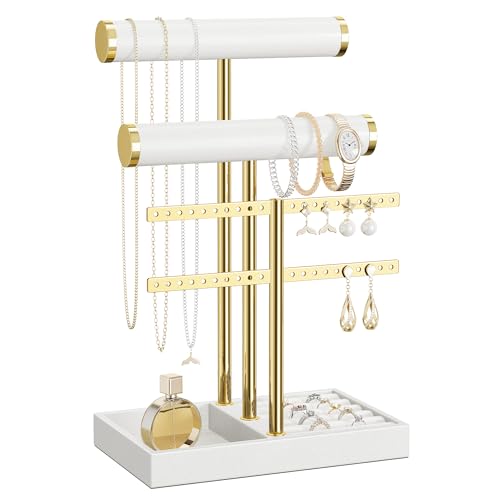 bussdis 3 Tier Bracelet Holder Display - White Leather Bracelet Holder, Detachable T Bar Jewelry Holder Organizer for Bracelet, Necklace, Earrings, Rings, Watches, Bangle - color: White