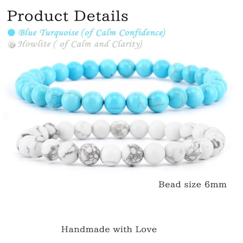 NCB 2.3-Piece 4mm Natural Crystal Gemstone Stretch Bracelets – Handmade Reiki Energy Healing Jewelry for Meditation,Yoga, Unisex - color: 2PCS ( Blue Turquoise+Howlite ), size: 6mm
