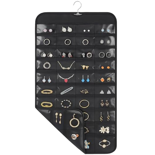 1 Pack Hanging Jewelry Organizer, 80 Clear Pockets earring organizer and storage, Accessories holder organizer for Closet, Jewelries, Necklace, Travel - color: Black