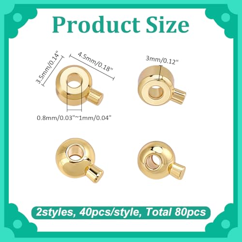 80Pcs 2 Styles Brass Crimp Beads Golden Stopper Beads Column Round Positioning Spacer Bead Positioning Stopper Crimp Charms Ends Accessories for Necklace Bracelet Jewelry Making