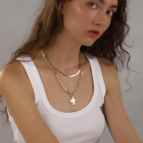 Bheop Chunky Cross Necklace for Women Trendy 14K Gold Silver Layered Statement Cross Pendant Charm Necklace Waterproof Paperclip Herringbone Snake Choker Chain Christian Jewelry Set Gift Non Tarnish - style: GD-Cross Necklace(1 inch Pendant)