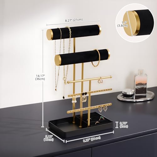 Lolalet Bracelet Display Stand Necklaces Holder, 5 Tiers Jewelry Organizer and Storage Rack with Velvet Slot and Metal Base, for Women Bangles Watches Ring Earrings -Black - color: Black