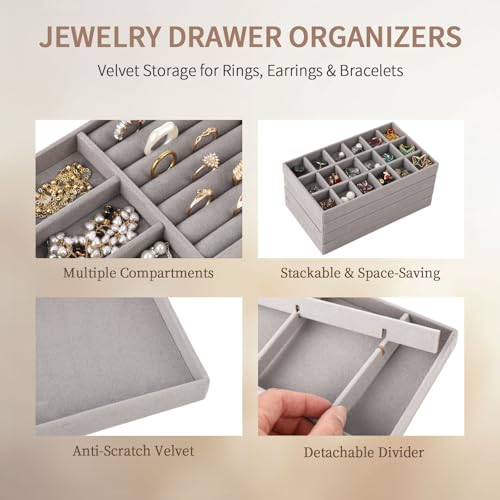 8 Pcs Jewelry Drawer Organizers, Velvet Jewelry Trays for Drawer, Stackable Jewelry Trays Ideal for Rings, Earrings, Bracelets, Necklaces, Gray - color: Gray