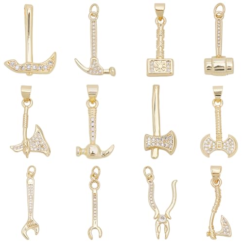 Beebeecrfat 12Pcs 12 Styles Gold Tool Pendant Charms Mini 18K Gold Plated Brass Cubic Zirconia Wrench & Plier & Hammer & Axe Home Tool Charms for Jewelry Making Necklaces Bracelets Earring DIY Crafts - color: Gold