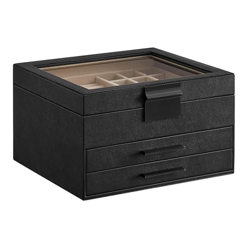 SONGMICS GISELLA Collection - Jewelry Box Organizer, 3-Layer Jewelry Storage with 2 Drawers, Shiny Metal Hardware, Glass Lid, Modern, 8 x 9.1 x 5.3 Inches, Ink Black and Silver UJBC239BK - color: Ink Black + Silver, size: 3 Layer (8"d X 9.1"w)