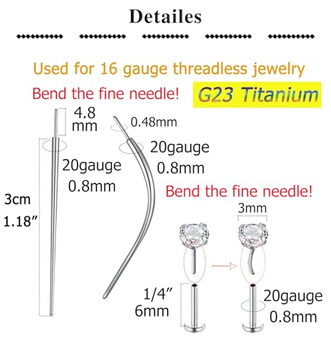 QWALIT Piercing Taper Threadless Insertion Tool - Titanium Labret Pin 16g, 18g, 20g - color: A1 - Titanium 2 Style 20g
