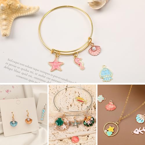 MARFOREVER 120 Pcs Ocean Themed Sea Charms for Jewelry Making, Assorted Gold Enamel Starfish Seashell Marine Pendants for Necklace Earring Bracelet Crafting Holiday Gifts for Women Mom Girls - style: Ocean