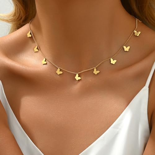 Gold Chain Necklace for Women 18K Gold Plated Dainty Star Cross Heart Cuabn Choker Chains Stainless Steel Trendy Jewelry Christmas Gifts - color: Tiny Butterfly