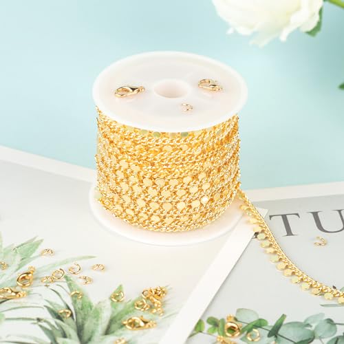 YOUBEIYEE 9.8 Feet 18K Gold Plated Brass Jewelry Chains Bulk Twisted Curb Link Chain Roll Shiny Sequin Waist Chain DIY for Women Jewelry Supplies Findings - color: Sequin
