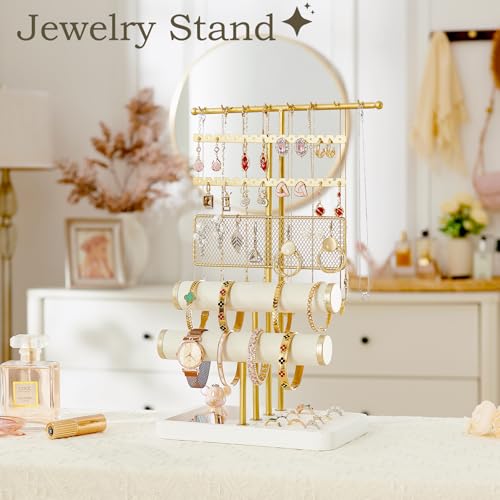 Poyilooo 4 Tier Jewelry Organizer, Earring Holder Jewelry Stand for Necklace Earring Keychains Bracelet Rings Display Jewelry Tree Stand Christmas Gifts for Women (Whitegold) - color: White&gold