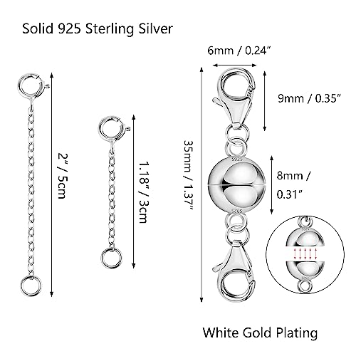Necklace Extender Magnetic Necklace Clasps and Closures 14K Gold Plated 925 Sterling Silver Extension Magnetic Jewelry Clasps for Bracelet Extenders - color: B-Silver