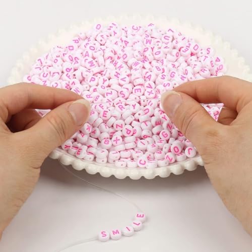 600pcs Acrylic Letter Beads Alphabet Pink Letters White Round Bead, 4x7mm, for Friendship Bracelets and Gifts Souvenir Jewelry Making - color: Pink Letter White Bead