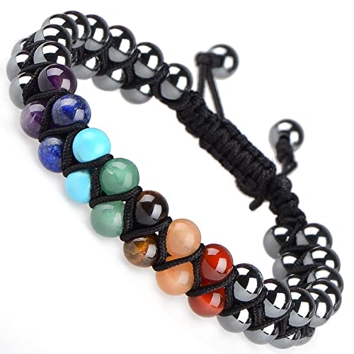 MASSIVE BEADS Double Layer Natural Chakra Healing Power Crystals Macrame Bracelet Yoga Stone Beads Gemstone Meditation Relax Anxiety Bangle for Unisex Women Men - color: 7-Chakras&Hematite, size: 6mm