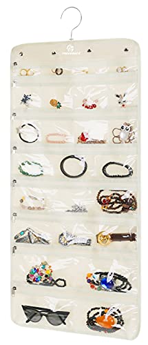 Hanging Jewelry Organizer with 50 Transparent Pockets, 360° Rotating Hanger & Secure Zipper Closure - Foldable Double Sided Jewelry Storage Bag for Earrings, Rings, Necklaces, Bracelets (Beige)