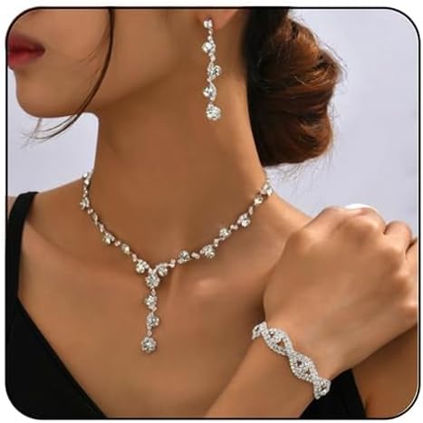 PINK TOWN Vintage Rhinestone Bridal Jewelry Sets,Crystal Wedding Prom Earrings Necklace Bracelet Set Fashion Zircon Bride Jewelry Dress Accessories for Women