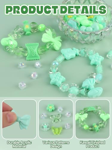 150PCS Acrylic Pastel Beads for Jewelry Making, Kalolary Colorful Bow Butterfly Flower Kawaii Plastic Candy Heart Cute Macaroon Aesthetic Beads for Bracelet Necklace DIY Supplies (Green) - color: Green