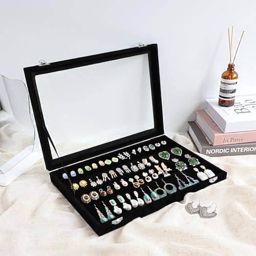 Wudygirl Earring Organizer Tray Jewelry Organizer 32 Pairs Earring Box Organizer Black Velvet Jewelry Display Case with Transparent Lid(Black Earring Storage) - style: Earrings Tray