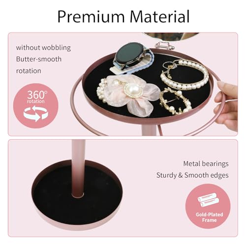 360° Rotating Sunglasses Organizer With Mirror, Metal Glasses Holder Stand, Sunglass Storage Display Eyewear Eyeglasses Rack with Tray for Desk Nightstand Dresser Table Countertop Bedroom, Rose Gold