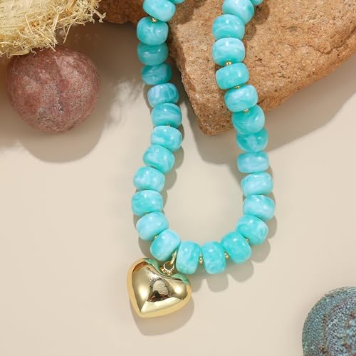 Chunky Heart Necklace for Women, Colorful Acrylic Beaded Statement Puff Heart Necklace, Cute Boho Y2K Choker Necklace for Gift Jewelry - color: Lake Blue