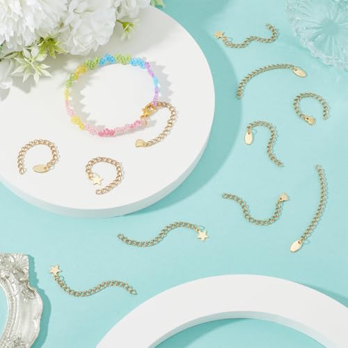 Beebeecraft 1 Box 30Pcs Gold Extender Chains 304 Stainless Steel Chain Extension with Heart Star Oval Charms Bracelet End Curb Chain Extenders for Jewelry Making Bracelets Supplies DIY Craft (58~68mm) - color: Gold-mix Flat