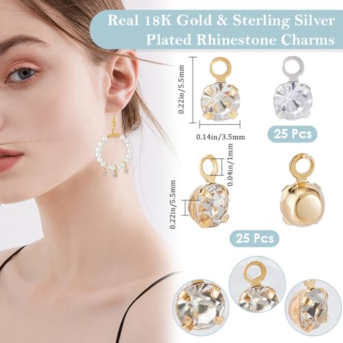 Beebeecraft 50Pcs 2 Colors Round Rhinestone Charms 18K Gold & 925 Sterling Silver Plated Cubic Zirconia Crystal Clear Pendant Charms for Jewelry Making DIY Supplies - color: Gold & Silver