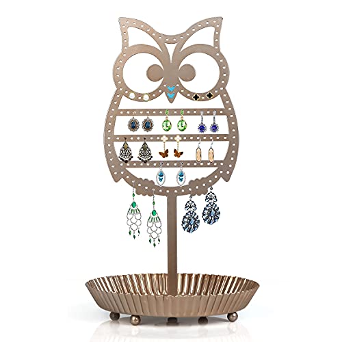 NIKKY HOME Earring Holder Hanging Organizer Stand Metal Jewelry Tree Table Top Owl Ear Stud Holder Tower Rack with Ring Tray for Girls (134 Holes), Gold - color: Rose Gold