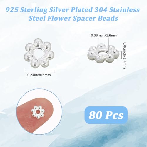 Beebeecraft 80Pcs 6mm Flower Spacer Beads 925 Sterling Silver Plated 304 Stainless Steel Loose Rondelle Granulated Spacer Beads for Jewelry Making Bracelet Necklace DIY Findings Supplies - color: Silver, size: 6mm