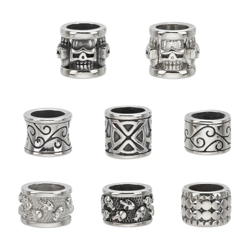 PH PandaHall 8 Styles 8mm Hole Column Beads, 304 Stainless Steel Spacer Beads Large Hole Beads Tube Lanyard Beads Tube Bead for DIY Bracelets Necklaces Jewelry Leather Craft Making, Antique Silver
